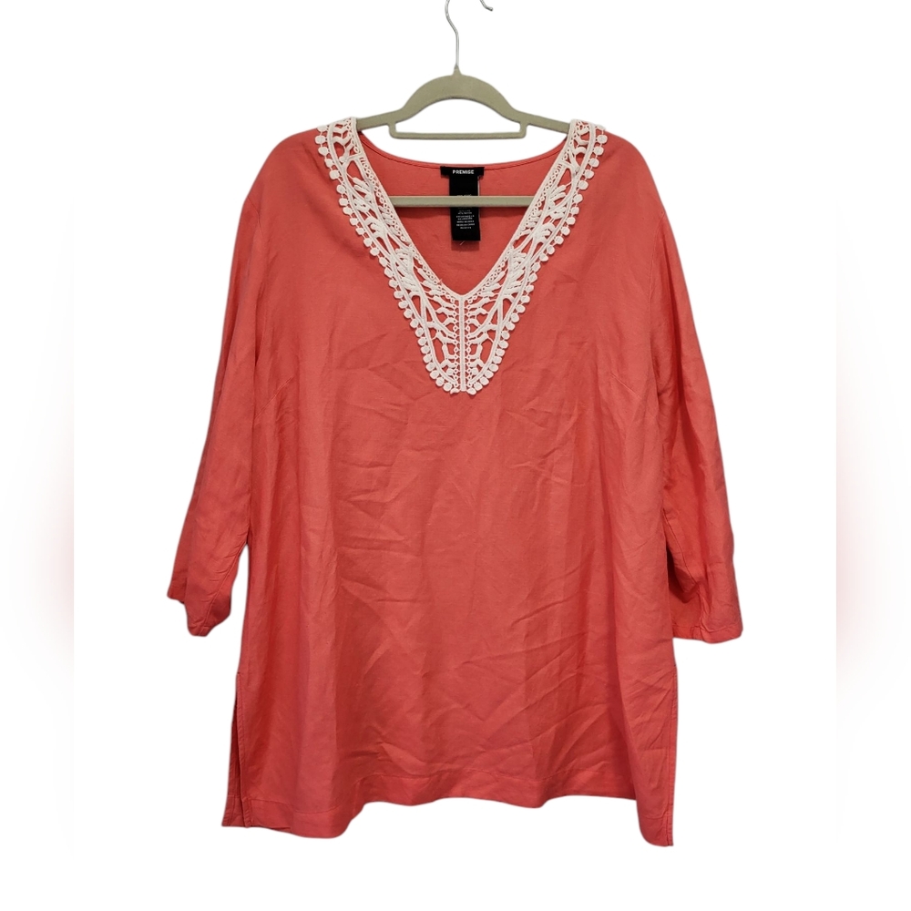 Premise‎ Womens XXL Tunic Top Linen Blend Coral Crochet Lace Trim 2XL V-Neck